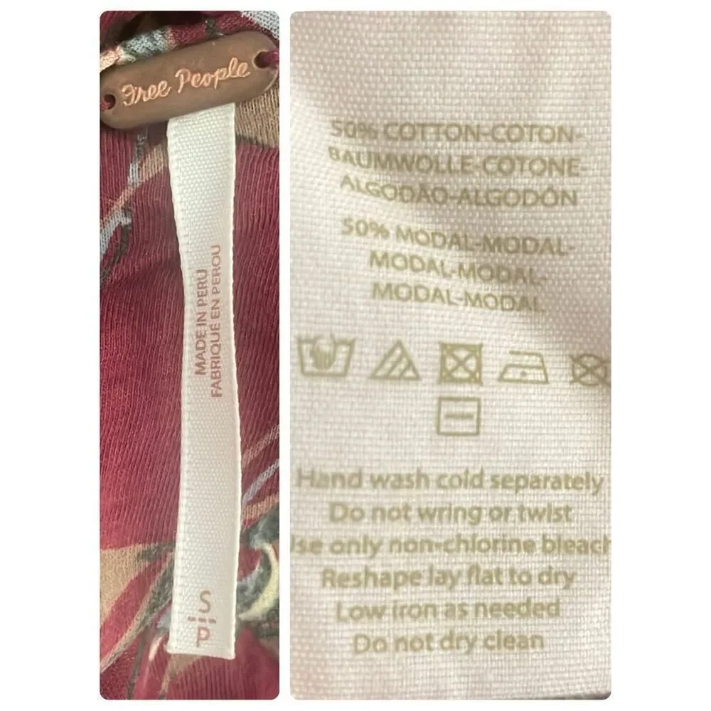 Free People Burgundy Floral Print Open Draped Back Long Sleeve Top S - Picture 8 of 10